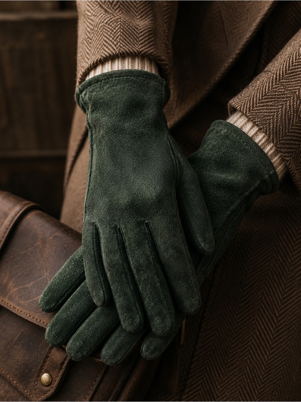 Vintage Forest Green Suede Gloves – Classic Heritage Winter Gloves M